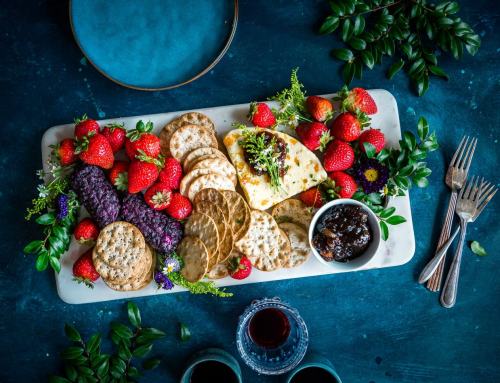 Summer Cheese Platter with Berries, Crackers and Wine